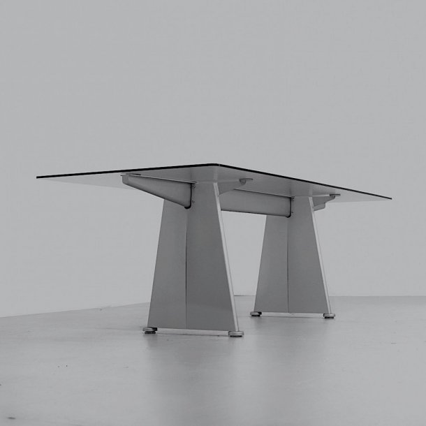 RARE SILVER TRAPEZE TABLE . 321 CM . BY JEAN PROUVE . SOLD