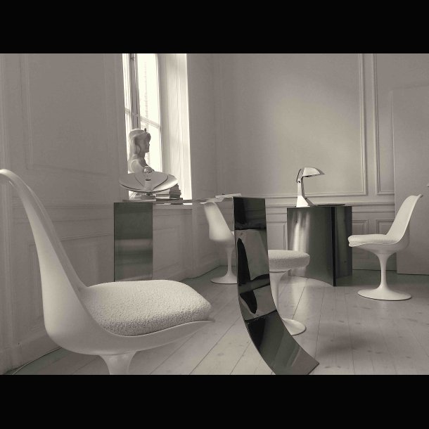  MONOGRAMME DESK . POLISHED STEEL . TULIP CHAIRS . KNOLL 